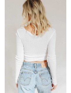 White V Neck Wrap Tied Long Sleeve Casual Crop Top