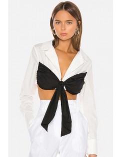 White Two Tone Notched Collar Tied Long Sleeve Casual Crop Top
