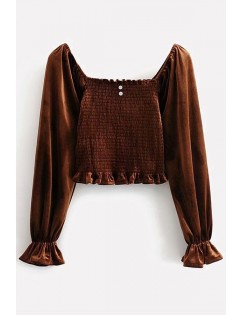 Coffee Velour Shirred Button Decor Square Neck Long Sleeve Casual Crop Top