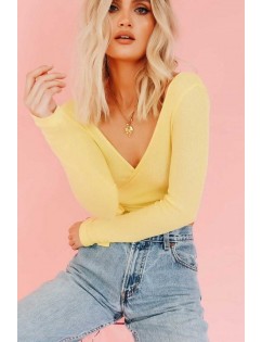 Yellow V Neck Wrap Tied Long Sleeve Casual Crop Top