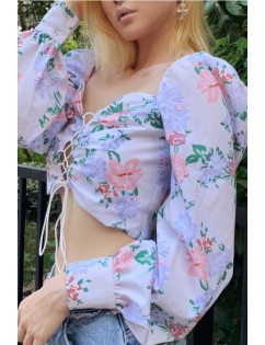 White Floral Print Lace Up Long Sleeve Sexy Crop Top