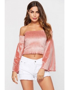 Pink Shirred Off Shoulder Long Sleeve Sexy Crop Top