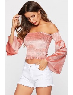 Pink Shirred Off Shoulder Long Sleeve Sexy Crop Top
