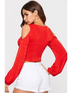 Red Cold Shoulder Long Sleeve Sexy Crop Top
