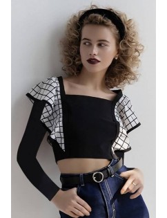 Black Plaid Lace Up Square Neck Long Sleeve Casual Crop Top