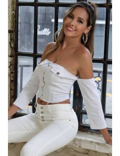White Button Up Strapless Long Sleeve Sexy Denim Crop Top