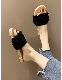 Ruffles Design Flat Heel Sandals - Black Eu 36