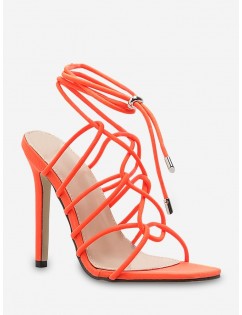 Square Toe Lace Up Stiletto High Heel Sandals - Tiger Orange Eu 39