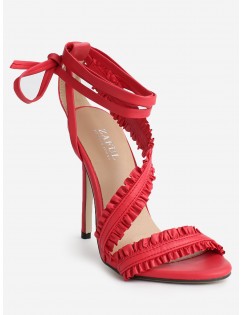 Lace Up Ankle Strap Ruffles Decoration Sandals - Chestnut Red 37