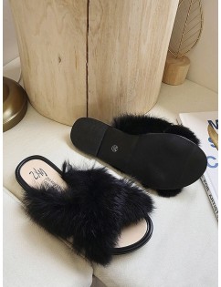 Flat Heel Fuzzy Design Cross Strap Solid Sandals - Black Eu 37