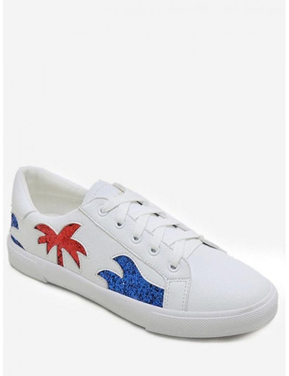 Sequined Palm Tree Graphic Low Heel Sneakers - White 38