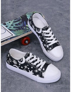 Star Moon Print Canvas Flat Shoes - Black Eu 40