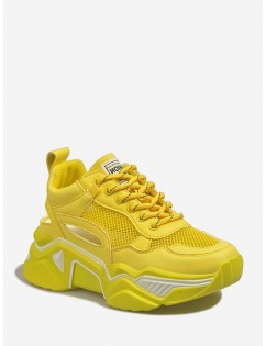 Lace-up Mesh Trim Platform Sport Shoes - Yellow Eu 35