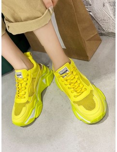 Lace-up Mesh Trim Platform Sport Shoes - Yellow Eu 35