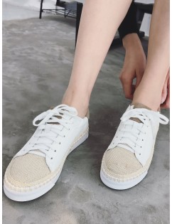 Woven Straw Toe PU Leather Espadrille Sneakers - White 38