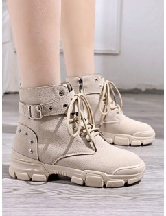 Lace Up Ankle Boot With Studs - Beige Eu 39