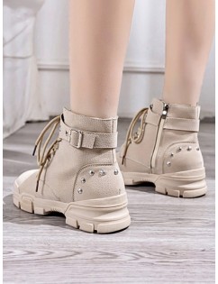 Lace Up Ankle Boot With Studs - Beige Eu 39
