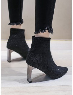 Glitter Pointed Toe Chunky Heel Boots - Black Eu 38
