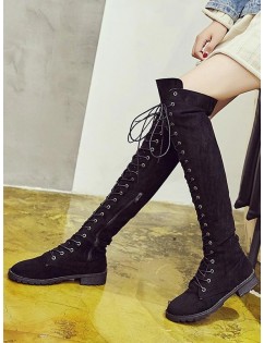 Solid Lace Up Over The Knee Boots - Black Eu 36