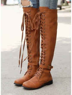Low Heel Lace Up Over The Knee Boots - Brown Eu 39