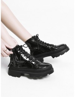 Plain Patent Leather Platform Ankle Boots - Black Eu 40