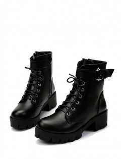 Plain Chunky Heel Lace Up Short Boots - Black Eu 38