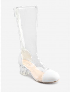 PVC Lucid Chunky Heel Round Toe Chic Mid Calf Boots - White 39