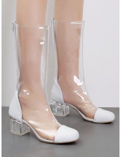 PVC Lucid Chunky Heel Round Toe Chic Mid Calf Boots - White 39
