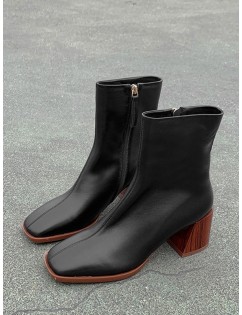 Square Toe Clog Block Heel Short Boots - Black Eu 35