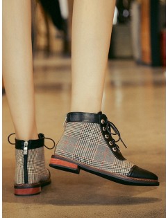 Leather Trim Houndstooth Ankle Boots - Light Khaki Eu 40