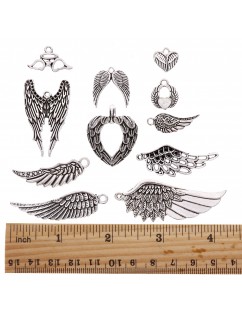 36 Pcs Vintage Silver Plated Assorted Angel Wings Theme Charms Pendants Set for DIY Necklace Jewelry Handmade Making Accessaries