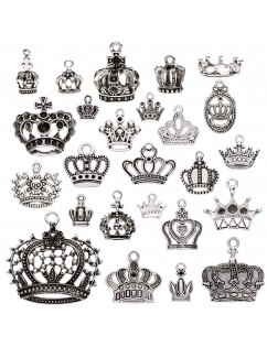 25 Pcs Vintage Silver Plated Multi-style Crown Charms Pendants Set for DIY Necklace Jewelry Handmade Making Accessaries