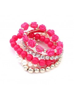 Women Multilayer Rose Flower Round Pearl Rhinestone Crystal Elastic Bracelet Jewelry