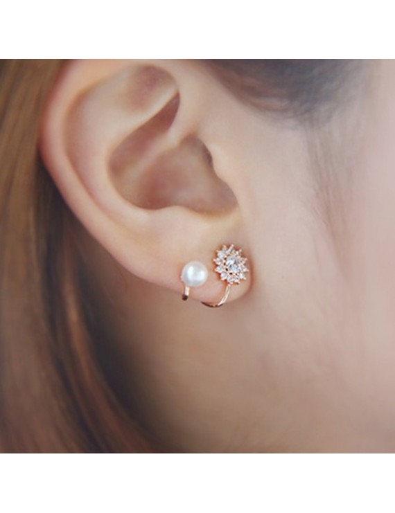 New 1Pair Women Fashion Jewelry Lady Elegant Pearl Snowflake Crystal Rhinestone Ear Cuff Clip on Stud Earrings