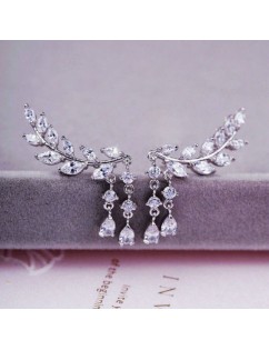 Women Gold Silver Plated Crystal Zircon Leaves Tassel Ear Stud Earrings Jewelry