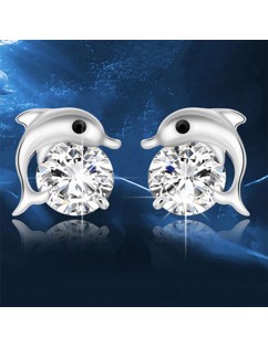 New Women Dolphin Silver Plated Crystal Rhinestone Zircon Stud Earrings Jewelry