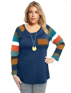 Autumn Chill Top With Front Pocket & Striped Contrast Sleeves In Blue