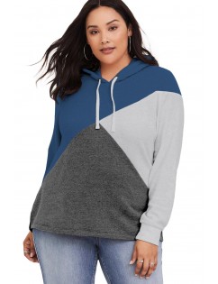 Blue Hooded Tricolor Blocked Plus Size Top