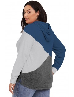 Blue Hooded Tricolor Blocked Plus Size Top