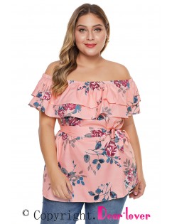 Pink Plus Size Floral Tiered Off the Shoulder Top