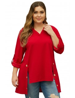 Red V Neck Tab Roll up Sleeve Slits Plus Size Top
