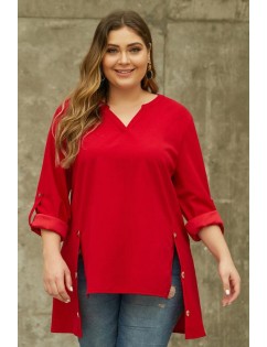 Red V Neck Tab Roll up Sleeve Slits Plus Size Top