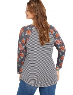 Plus Size Gray Floral Sleeves Striped Baseball Tee