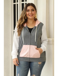 Pink Colorblock Hooded Zip Plus Size Jacket