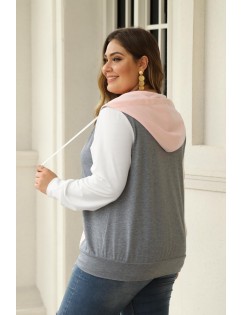 Pink Colorblock Hooded Zip Plus Size Jacket