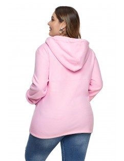 Pink Zip Neck Drawstring Plus Size Hoodie