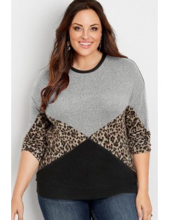 Gray Plus Size Animal Print Splice Long Sleeve Pullover Sweatshirt