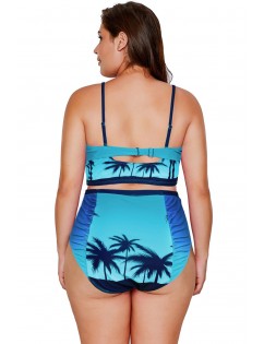 Green Print Plus Size Strappy High Waist Bikini Swimsuit