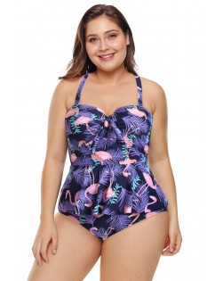 Purple Plus Size Ruffled Tankini with Floral Panty
