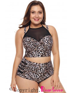 Leopard Print Plus Size Halter Push up Lattice Mesh Swim Bikini